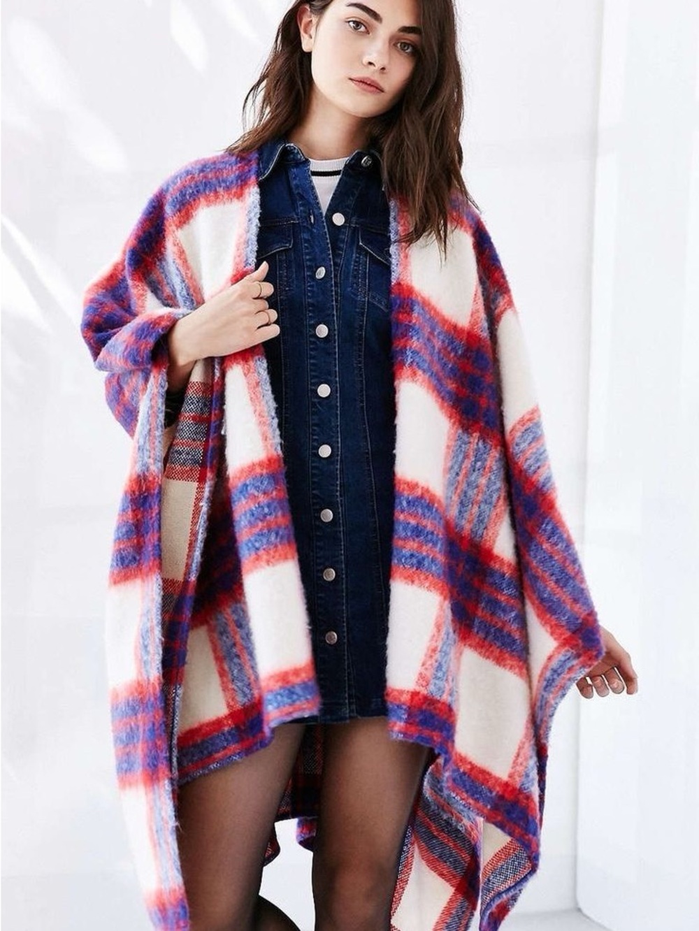 Urban Outfitters Cozy Plaid Wrap Sweater Cape - White, Red & Blue